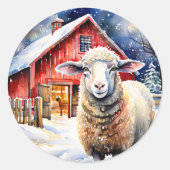  Waterverf kerstschapen en rustieke schuur Ronde Sticker (Voorkant)