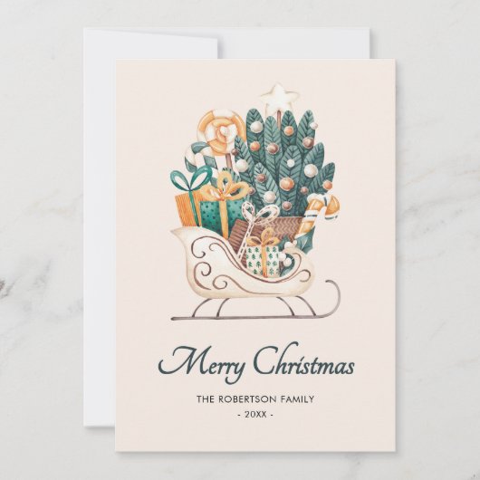 Waterverf kerstsleeën niet-foto feestdagenkaart (Voorkant)