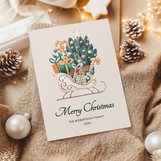 Waterverf kerstsleeën niet-foto feestdagenkaart