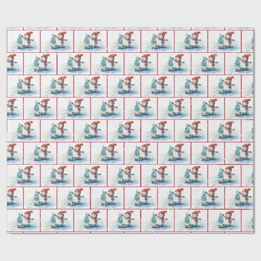 Waterverf Kerstsneeuwman op een skateboard Cadeaupapier (Vlak)