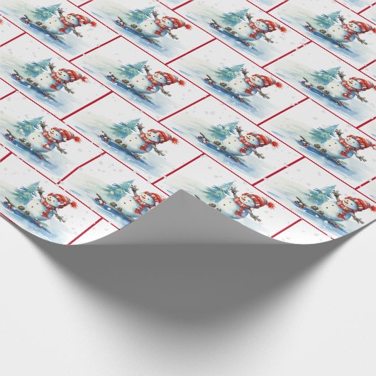 Waterverf Kerstsneeuwman op een skateboard Cadeaupapier (Hoek)