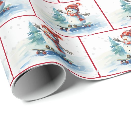 Waterverf Kerstsneeuwman op een skateboard Cadeaupapier (Rol Hoek)