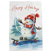 Waterverf Kerstsneeuwman op een skateboard Medium Cadeauzakje (Voorkant)