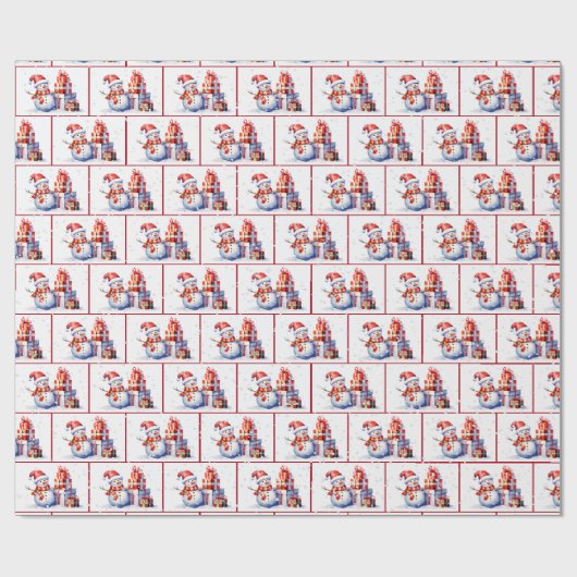 Waterverf Kerstsneeuwmannen in sneeuwvlokken Cadeaupapier (Vlak)