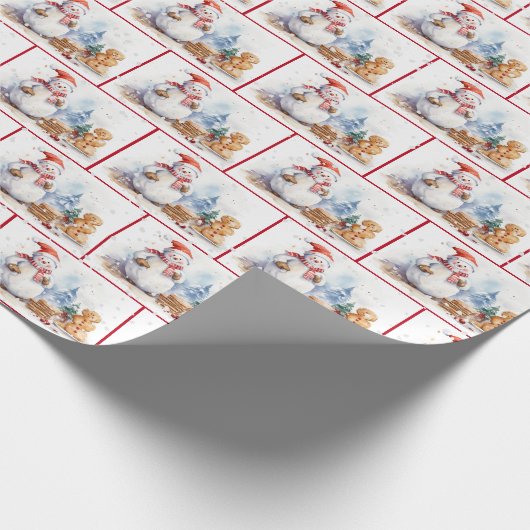 Waterverf Kerstsneeuwmannen in sneeuwvlokken Cadeaupapier (Hoek)