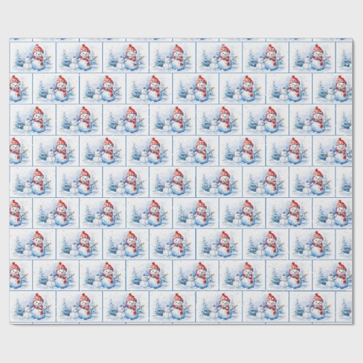 Waterverf Kerstsneeuwmannen in sneeuwvlokken Cadeaupapier (Vlak)