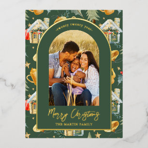 Waterverf kerststad Foto groen Folie Feestdagen Briefkaart