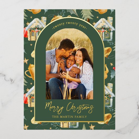 Waterverf kerststad Foto groen Folie Feestdagen Briefkaart (Voorkant)