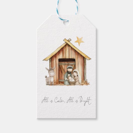 Waterverf kerststal Alles is kalm script Cadeaulabel (Voorkant)