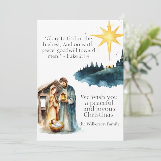 Waterverf kerststal en kerstgebed feestdagenkaart (Staand voorkant)