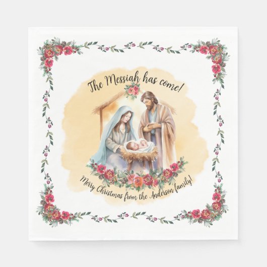 Waterverf kerststal en rozen aanpasbare servetten (Voorkant)