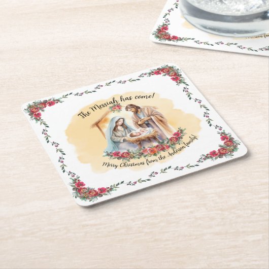 Waterverf kerststal en rozen aanpasbare servetten kartonnen onderzetters (Schuin)