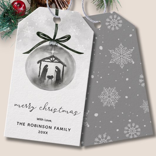 Waterverf Kerststal Grijs Ornament Prettig Kerstfe Cadeaulabel
