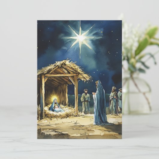 Waterverf kerststal | Lege binnenkant Feestdagenkaart (Staand voorkant)