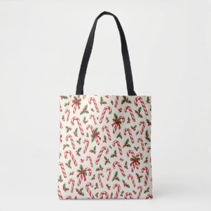 Waterverf Kerststok en Hulst Kerstpatroon Tote Bag