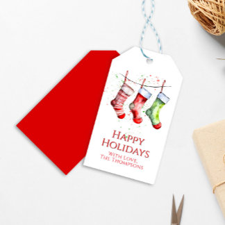 Waterverf Kerststok Happy Holidays Cadeaulabel