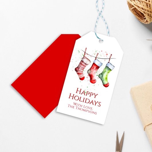 Waterverf Kerststok Happy Holidays Cadeaulabel