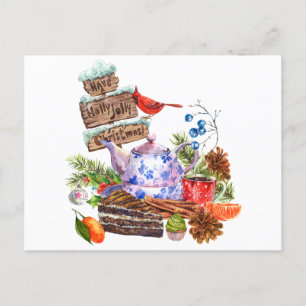Waterverf kerstthee en tijd briefkaart