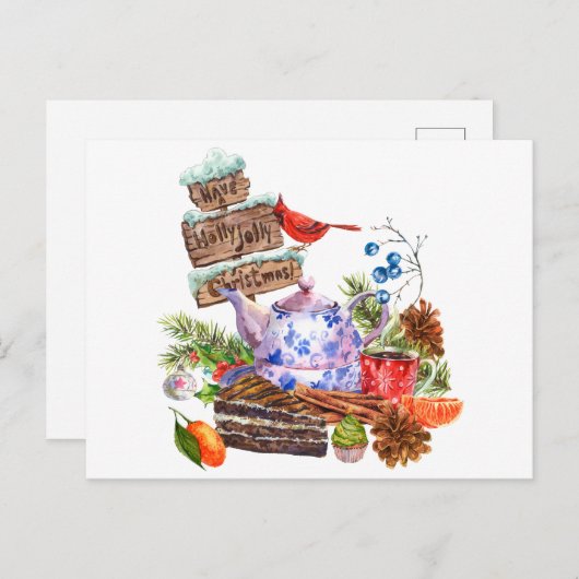 Waterverf kerstthee en tijd briefkaart