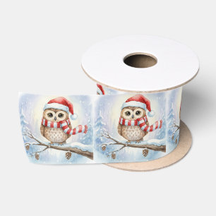 Waterverf Kerstuil in een Kerstmannenhoed Satijnen Lint