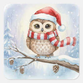 Waterverf Kerstuil in een Kerstmannenhoed Vierkante Sticker