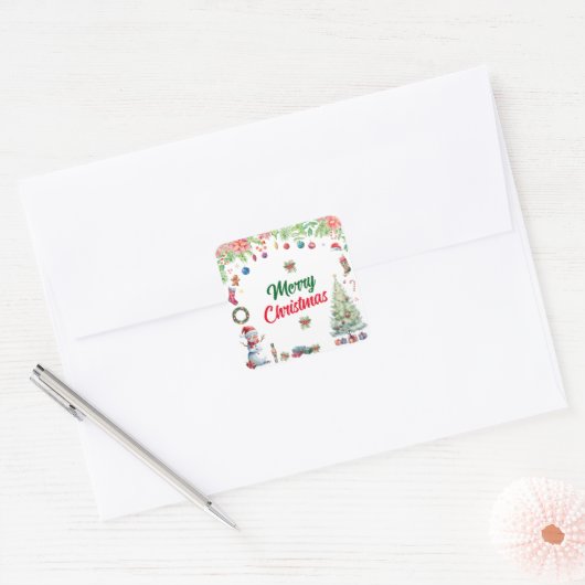 Waterverf Kerstvakantie Vierkante Sticker (Envelop)