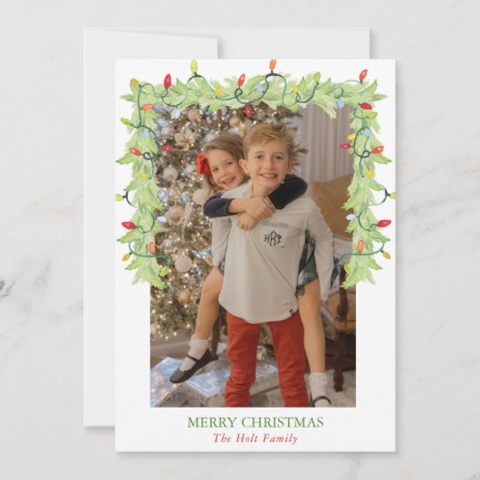 Waterverf Kerstverlichting Garland Foto Feestdagenkaart (Voorkant)