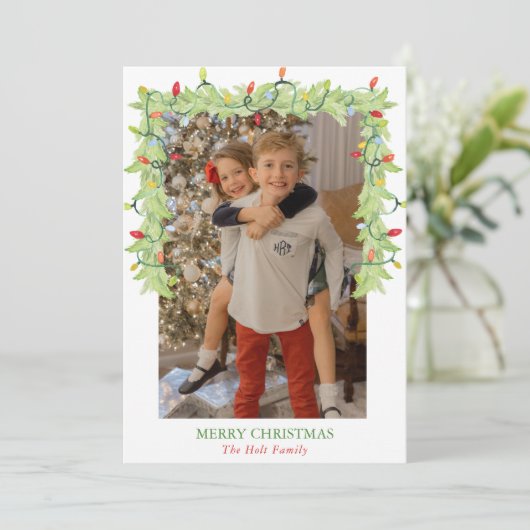 Waterverf Kerstverlichting Garland Foto Feestdagenkaart (Staand voorkant)