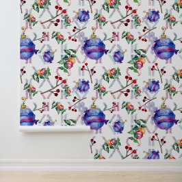 Waterverf kerstversiering blauw rood behang