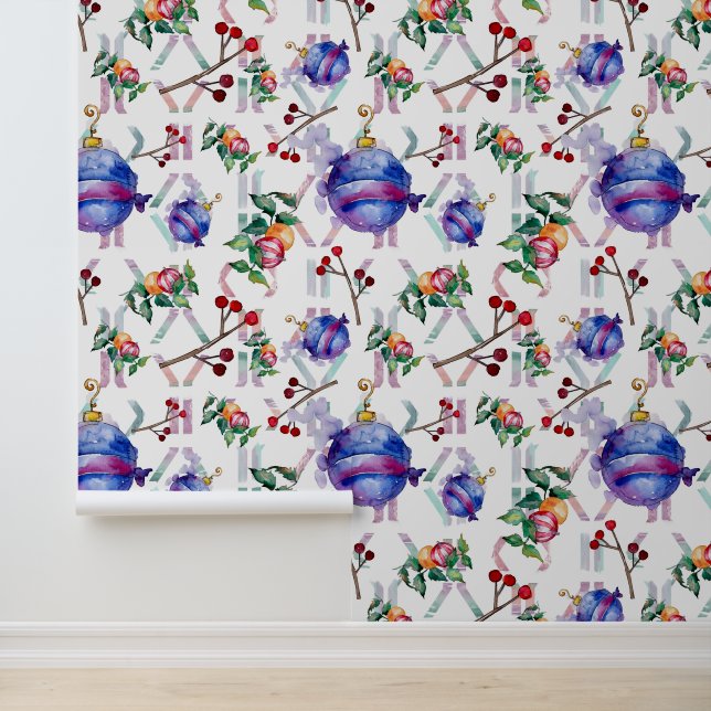 Waterverf kerstversiering blauw rood behang (Applicatie)