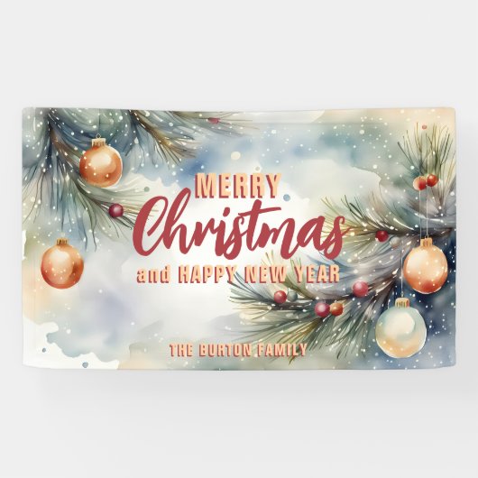 Waterverf kerstversieringen en dennentakken spandoek (Horizontaal)