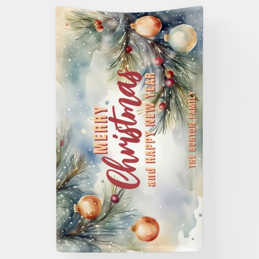 Waterverf kerstversieringen en dennentakken spandoek (Verticaal)