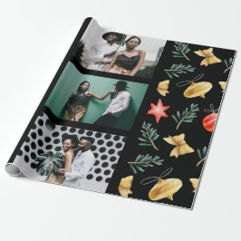 Waterverf kerstversieringen Foto Collage Black Cadeaupapier