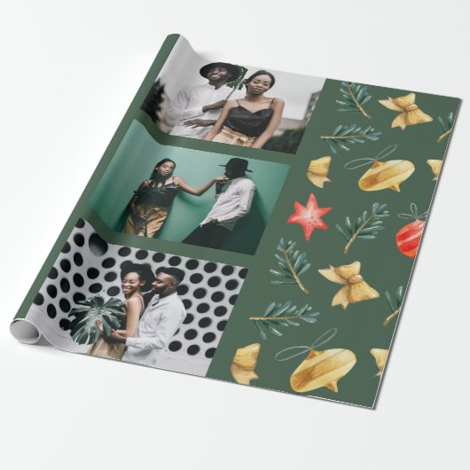 Waterverf kerstversieringen Foto Collage Green Cadeaupapier (Uitgerold)