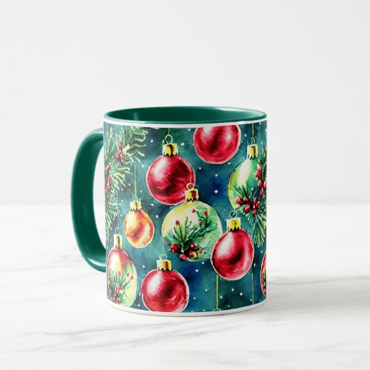 Waterverf kerstversieringen, rood en Blauwgroen gr Mok (Voorkant links)