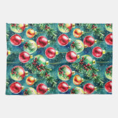 Waterverf kerstversieringen, rood en Blauwgroen gr Theedoek (Horizontaal)