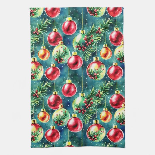 Waterverf kerstversieringen, rood en Blauwgroen gr Theedoek (Verticaal)