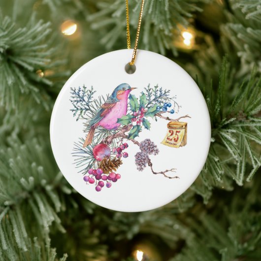 Waterverf kerstvogel en bessen keramisch ornament (Boom)