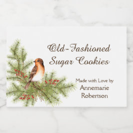 Waterverf Kerstvogel Holly Berries Pine Voedselcontainer Etiket