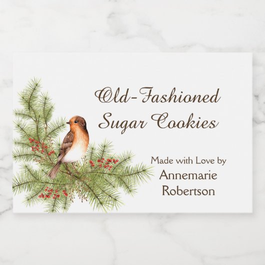 Waterverf Kerstvogel Holly Berries Pine Voedselcontainer Etiket (Enkel label)