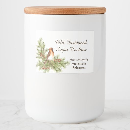 Waterverf Kerstvogel Holly Berries Pine Voedselcontainer Etiket (Voorkant)