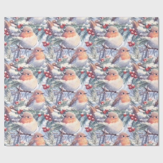 Waterverf kerstvogels in de bomen cadeaupapier (Vlak)