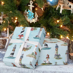 Waterverf kerstvuurtoren: Nautical Blue Cadeaupapier