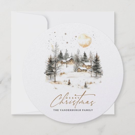 Waterverf Kerstwinter Dorp Foto Feestdagenkaart (Voorkant)
