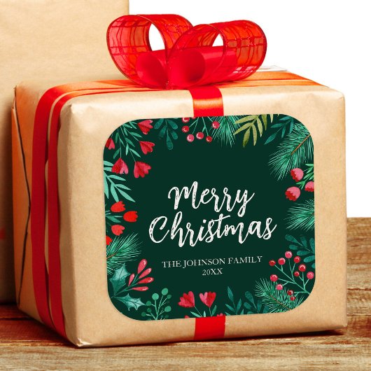 Waterverf Kerstwinter krans met Holly Vierkante Sticker