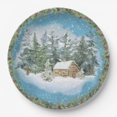 Waterverf Kerstwinter Snowy Cabin Papieren Bordje (Voorkant)