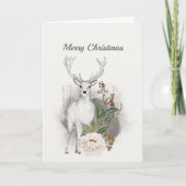 Waterverf kerstwitte deer Floral Feestdagen Kaart (Voorkant)