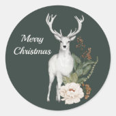 Waterverf kerstwitte deer Floral Ronde Sticker (Voorkant)
