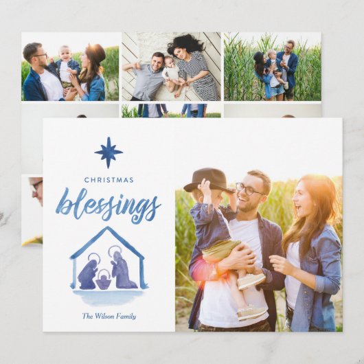 Waterverf Kerstzegeningen Geboorte Fotogrid Feestdagenkaart (Voorkant / Achterkant)