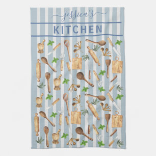 Waterverf Keuken Monogram Bestek Modern Blauw Theedoek